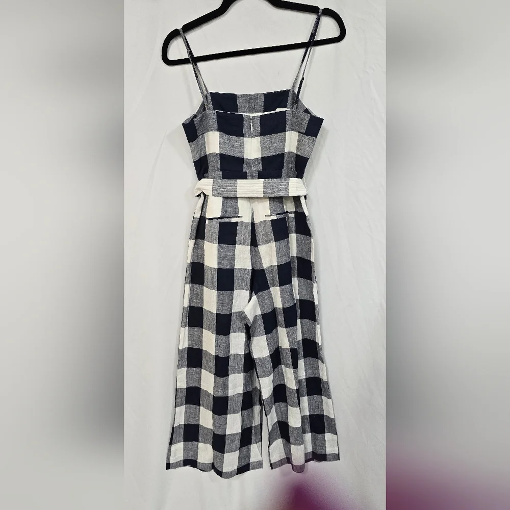J.‎ Crew 00 gingham beauchamps 100% linen strappy jumpsuit, wide leg, tie-waist